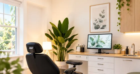 The treatment room at the Wilsonville studio, with a reclining chair by a window
